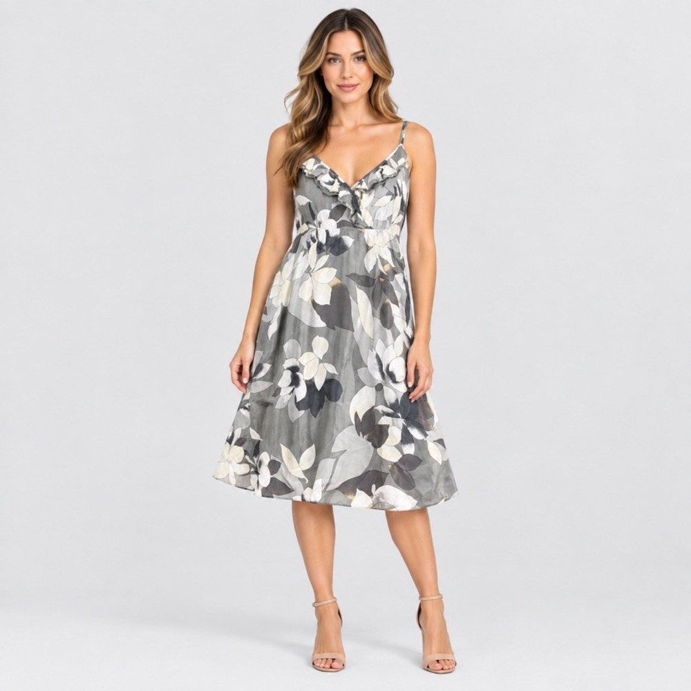 Old Navy Womens XL Gray Floral Silk Slip Dress Ruffle Empire Waist Boho Romantic